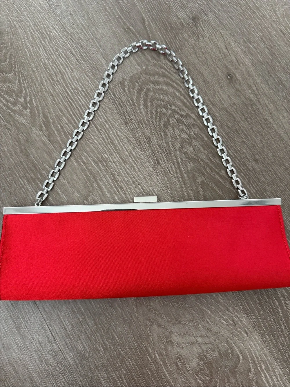 Mango Red Satin Clutch with Silver Chain Handle